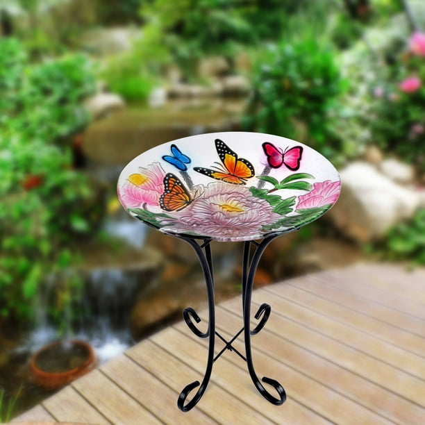 Bird Feeder Bath Butterfly Glass with metal stand NEW 11 1/2" in diameter